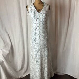 Vintage Hand Made Maxi Dress Blue White Lace Overlay Sleeveless 1960’s 1970’s